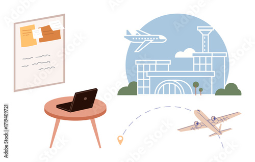 Notes on board, laptop on table, airport scene with terminals, and planes flying. Ideal for travel, tourism, planning, logistics, business inspiration aviation in a simple flat metaphor