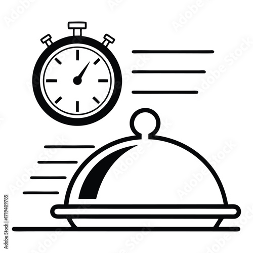Fast food delivery service icon with timer and serving cloche for quick service 