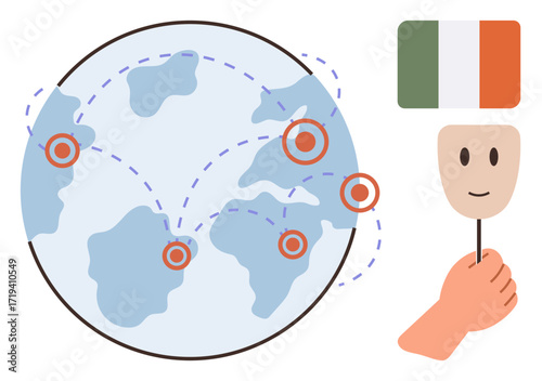 Globe with pinpoint locations and dotted traveling lines, Ireland flag, face mask on stick in hand. Ideal for global communication, travel, networking, culture, identity diversity education. Simple