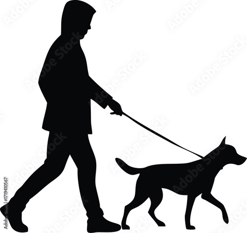Silhouette of a person walking a dog on a leash