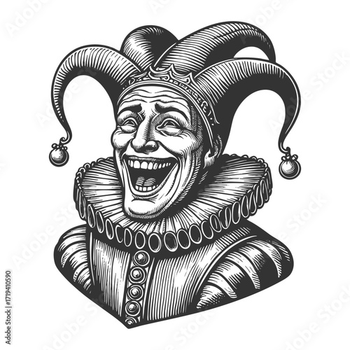 court jester wearing a traditional hat with bells, ornate clothing, and ruffled collar sketch engraving generative ai fictional character vector illustration. Scratch board. Black and white image.