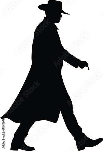 Silhouette of a man in a trench coat and hat walking
