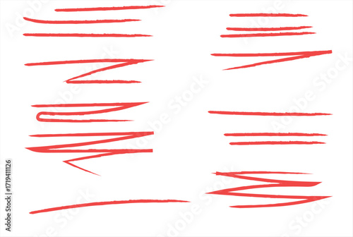 RED color crayon underline set - horizontal hand drawn chalk or marker highlighter strokes. Rough textured pencil lines with textured edges	