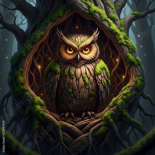 Enchanting Owl Nestled Deep Within an Ancient Moss Covered Tree Trunk Guardian of the Mystical Forest