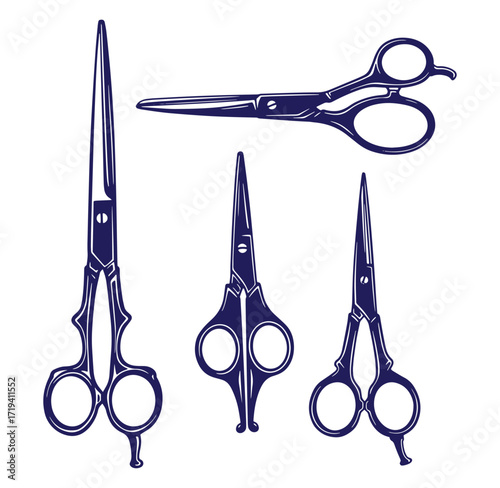 Elegant collection of stylized hairdressing scissors in various designs on a white background