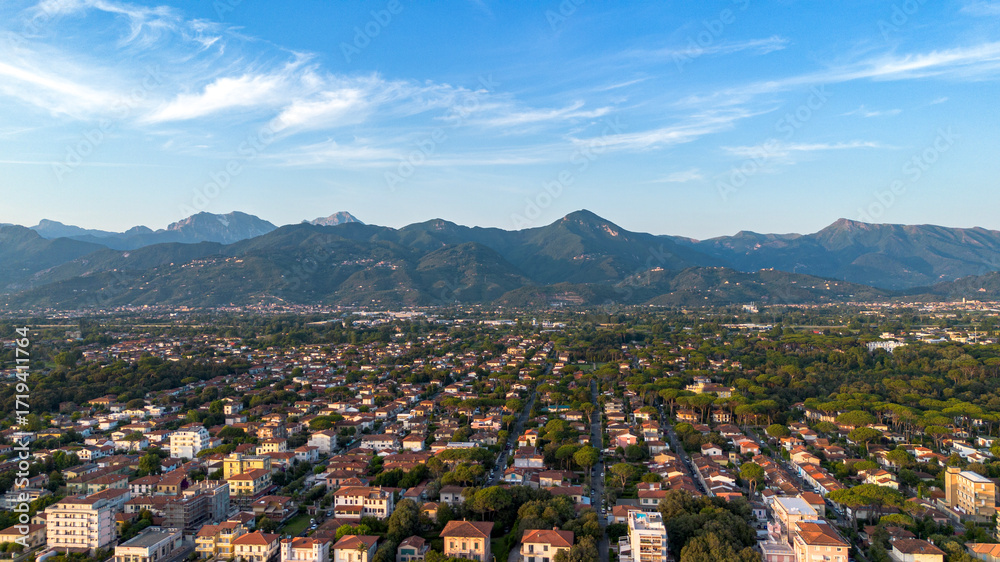Obraz premium Viareggio Italy, panorama of the city and the Mountains. Aerial landscape