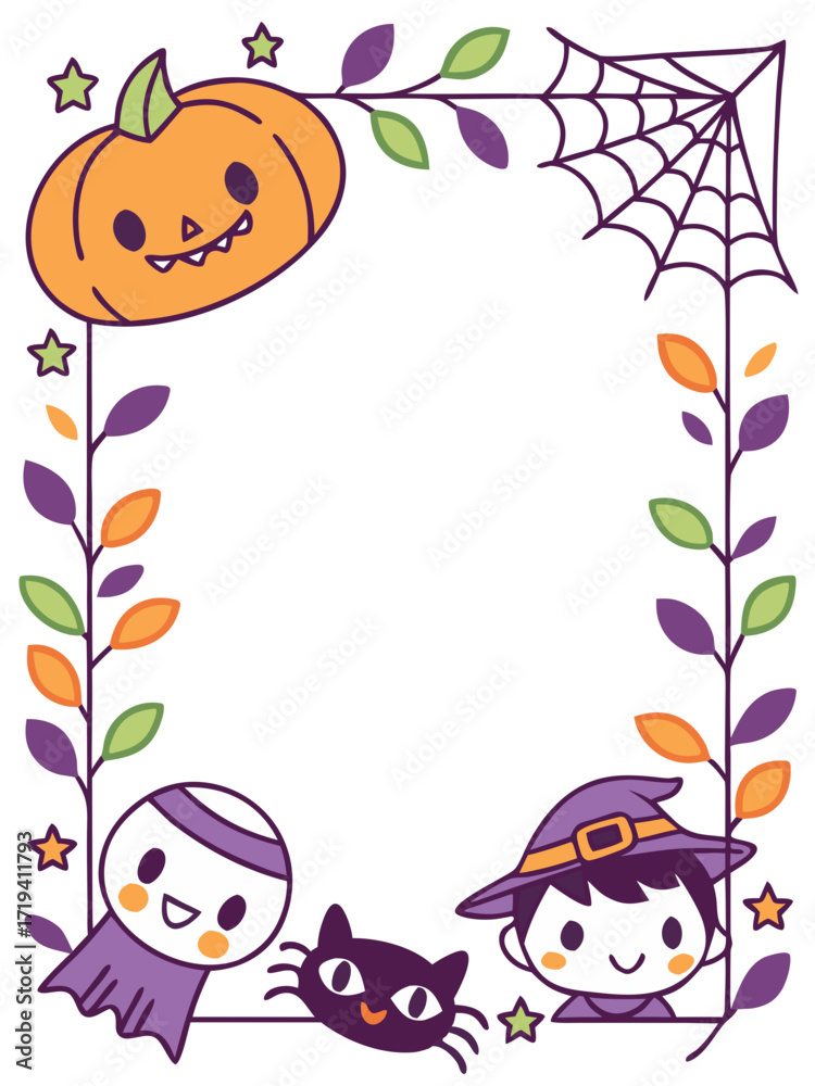 Fototapeta premium Halloween-themed illustration with characters and pumpkin frame 