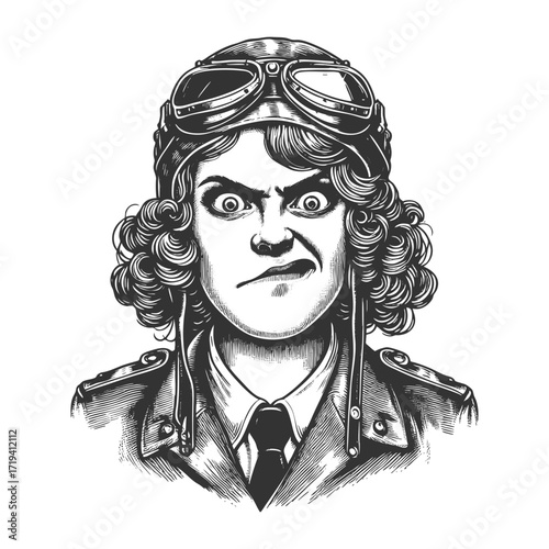 furious pilot wearing old-fashioned goggles and uniform, drawn in a humorous vintage style sketch engraving generative ai fictional character vector illustration. Scratch board. Black and white image.