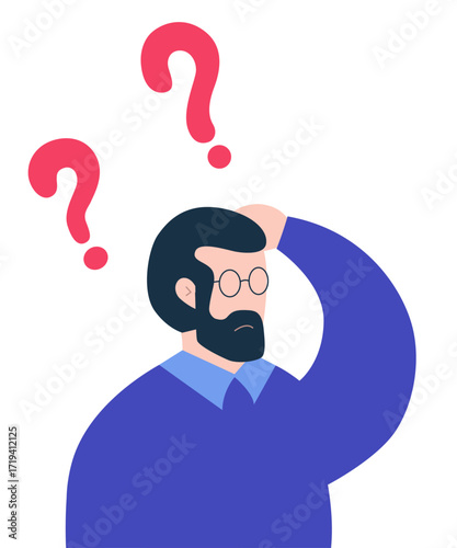 Puzzled and confused man with question marks.