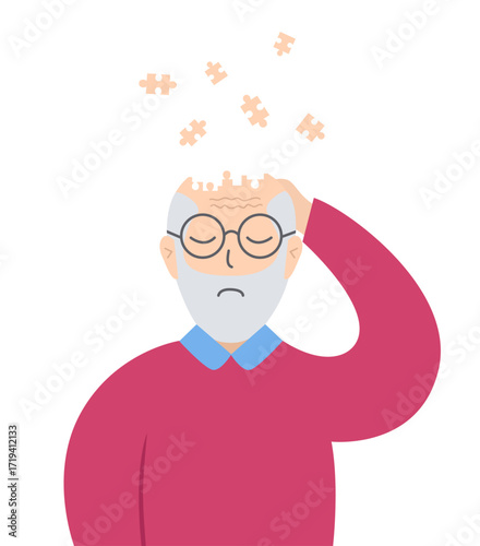 Senior man suffers from memory loss and dementia.