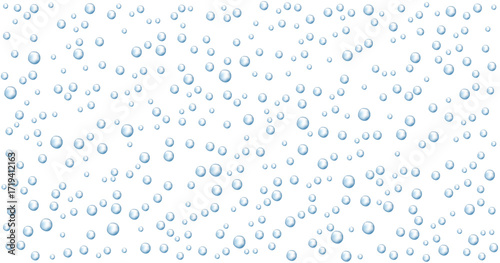 Carbonated water with 3d gas balls texture. Underwater fizzing air bubble flow  on white background. Realistic soda effect, blue sparkling drink. Effervescent tablet.