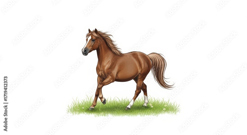 Obraz premium A beautiful brown horse with a flowing mane and tail gallops across a grassy field.