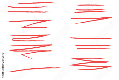RED color crayon underline set - horizontal hand drawn chalk or marker highlighter strokes. Rough textured pencil lines with textured edges	