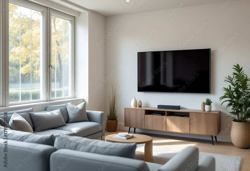 Fototapeta premium Modern Living Room with Large Window and Comfortable Seating