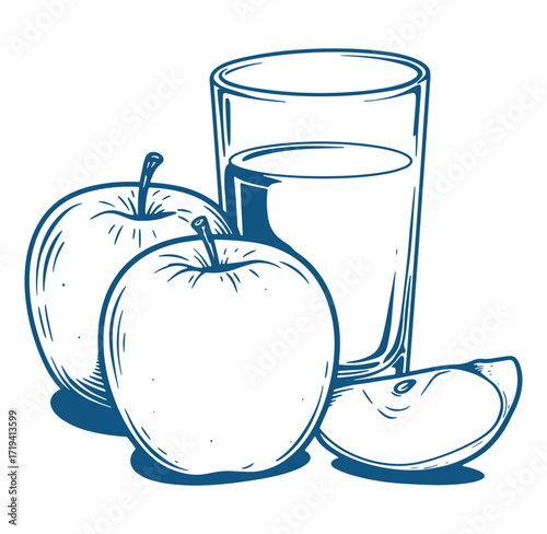 Fresh apples and apple juice in glass illustration against a white background