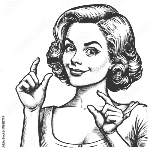 smiling woman, holding her fingers close together as if showing something small sketch engraving generative ai fictional character vector illustration. Scratch board. Black and white image.