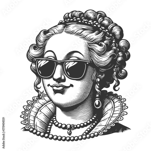 Renaissance noblewoman, humorously modernized with dark sunglasses for a quirky, playful effect sketch engraving generative ai fictional character vector illustration. Scratch board. Black and white.
