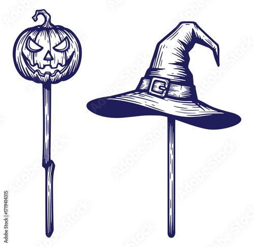 Halloween decorations a spooky witch hat and grinning carved pumpkin vector illustration