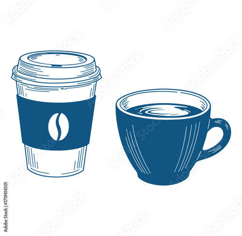 Hand drawn blue coffee cups and takeout cup illustration on white background vector art