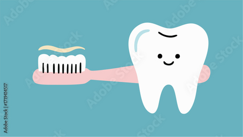A Scandinavian-style tooth illustration. Simple, minimalist illustration. Oral cavity. Dentist. Brushing teeth. Toothpaste.
