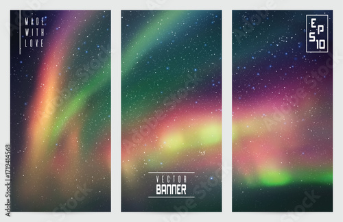 Northern lights. Green aurora borealis. Abstract vector banner set