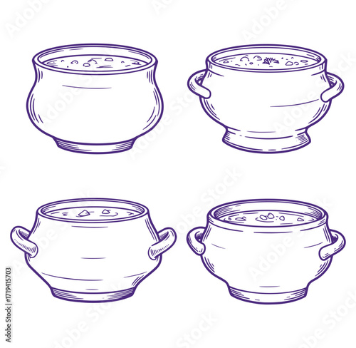 Hand drawn illustration of four different soup bowls filled with delicious broth