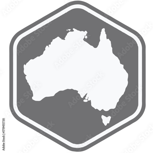Map of Australia on grey color hexagon icon vector illustration, sticker of Australia map on grey hexagon