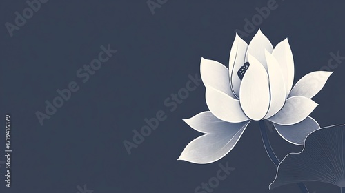Delicate white lotus flower against a dark blue background