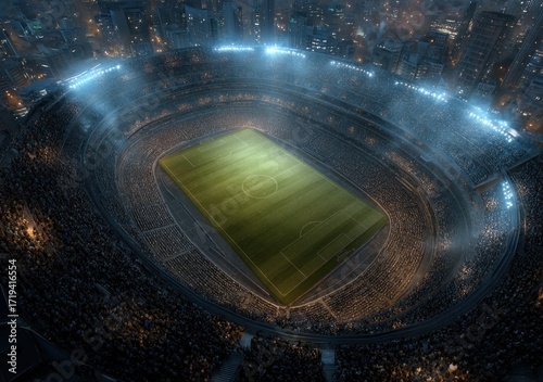 A captivating bird's eye view of a stadium glowing at night with spectators