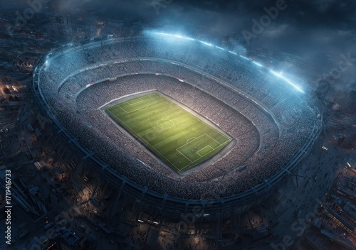 Majestic Football Stadium Overlook at Night, A Grand Sporting Arena