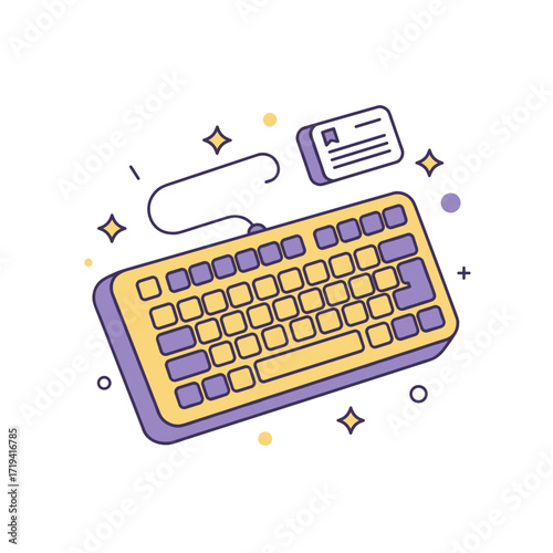 Illustrated computer keyboard with credit card, digital payment and technology concept