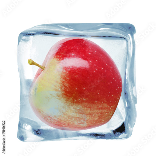 Fresh red apple inside ice cube isolated on white