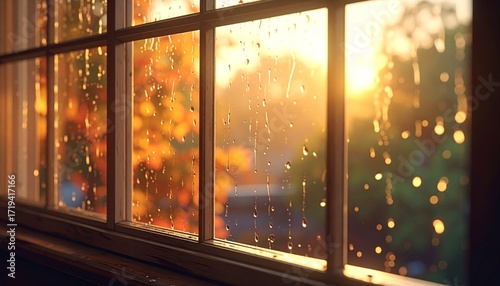 Golden hour sunlight streaming through a rain-streaked window pane during a peaceful autumn day, with colorful foliage in the background