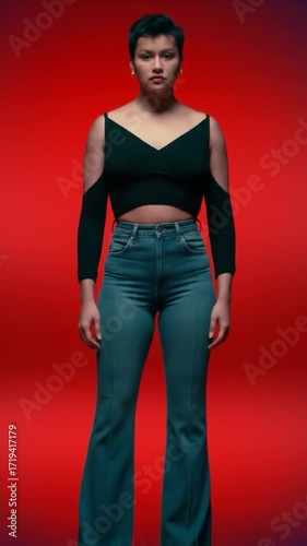 Woman with short hair in black top and flared jeans on red background