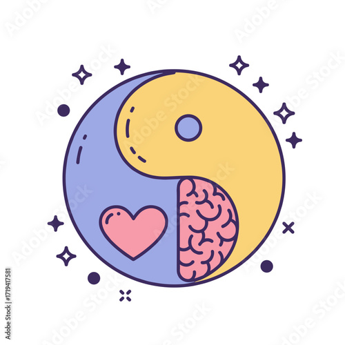 Yin Yang symbol with heart and brain illustration, balance and harmony concept