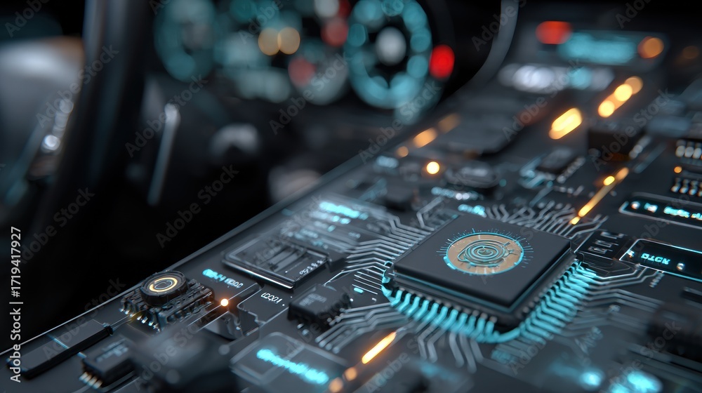 Fototapeta premium Advanced automotive technology featuring an intricate futuristic circuit board design