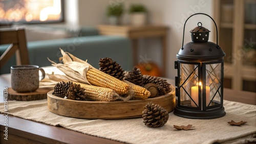Elegant dried corn and pinecone centerpiece with candle lantern on rustic dining table during autumn gathering