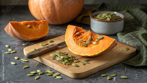 Sliced pumpkin on cutting board with scattered seeds ready for cooking and enjoying seasonal dishes