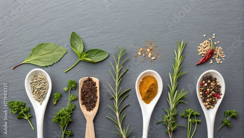 Seasonal herbs spread across a slate background with wooden spoons and fresh garnishes