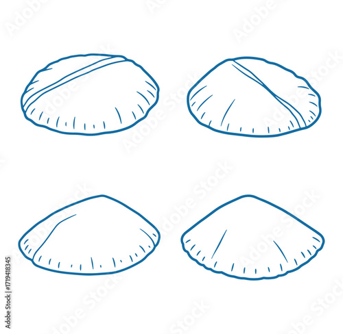 Hand drawn outline illustration of four pita bread pieces arranged for food concepts