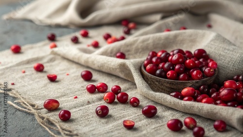 Spilled cranberries scattered on textured linen background creating a rich, autumnal atmosphere