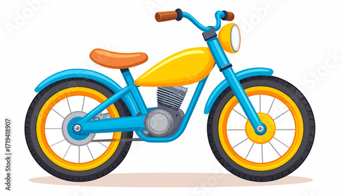 Cute Cartoon Motorcycle with Oversized Wheels Bright Yellow and Blue Vector Illustration