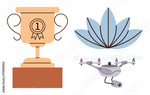 Golden trophy for achievement, high-tech camera quadcopter with propellers, and blue geometric lotus-thumbs up element. Ideal for success, technology, innovation, self-improvement, competition