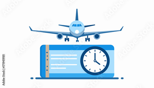 Travel time concept Airplane ticket with clock illustration, representing flight booking
