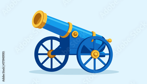 Cartoon cannon illustration A blue cannon with gold accents, ready for action and firing