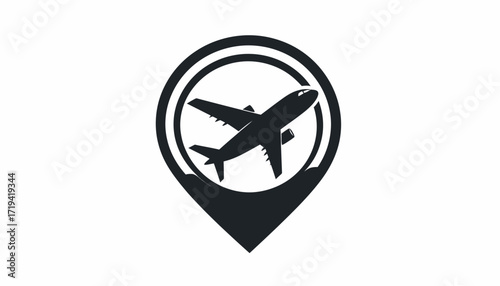 Travel Destination Icon A Vector Graphic of an Airplane within a Location Pointer Symbol, Simple Black & White