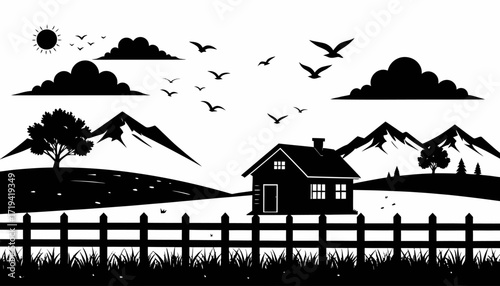 Idyllic countryside landscape silhouette with a house, mountains, and fence under a sunny sky, vector illustration