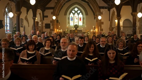 Congregation or Choir Singing Hymns in a Beautiful Historic Church during a Service