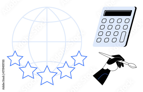 Globe outline with five stars, a calculator, and a hand holding a pen, symbolizing global rating, calculation, and creativity. Ideal for business, quality, creativity global concepts communication