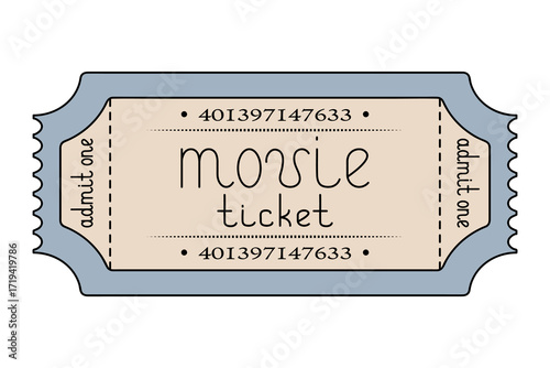 Movie. Blue ticket admit one. Handwritten lettering lowercase. Color vector illustration. Tear-off ticket with number. Isolated white background. Cartoon. Idea for web design.
